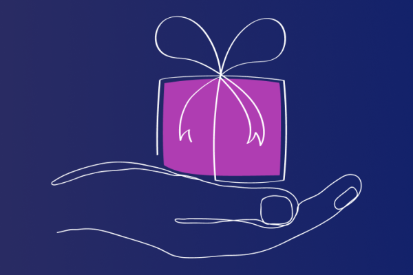 Illustrazione di una mano che tiene un piccolo regalo di colore viola
