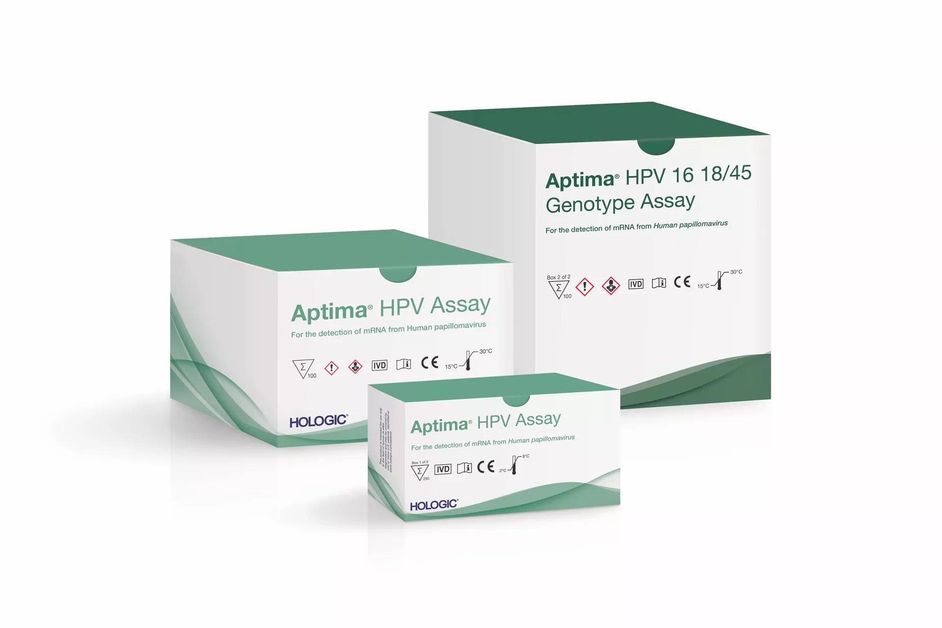 Scatole del test Aptima HPV su sfondo bianco