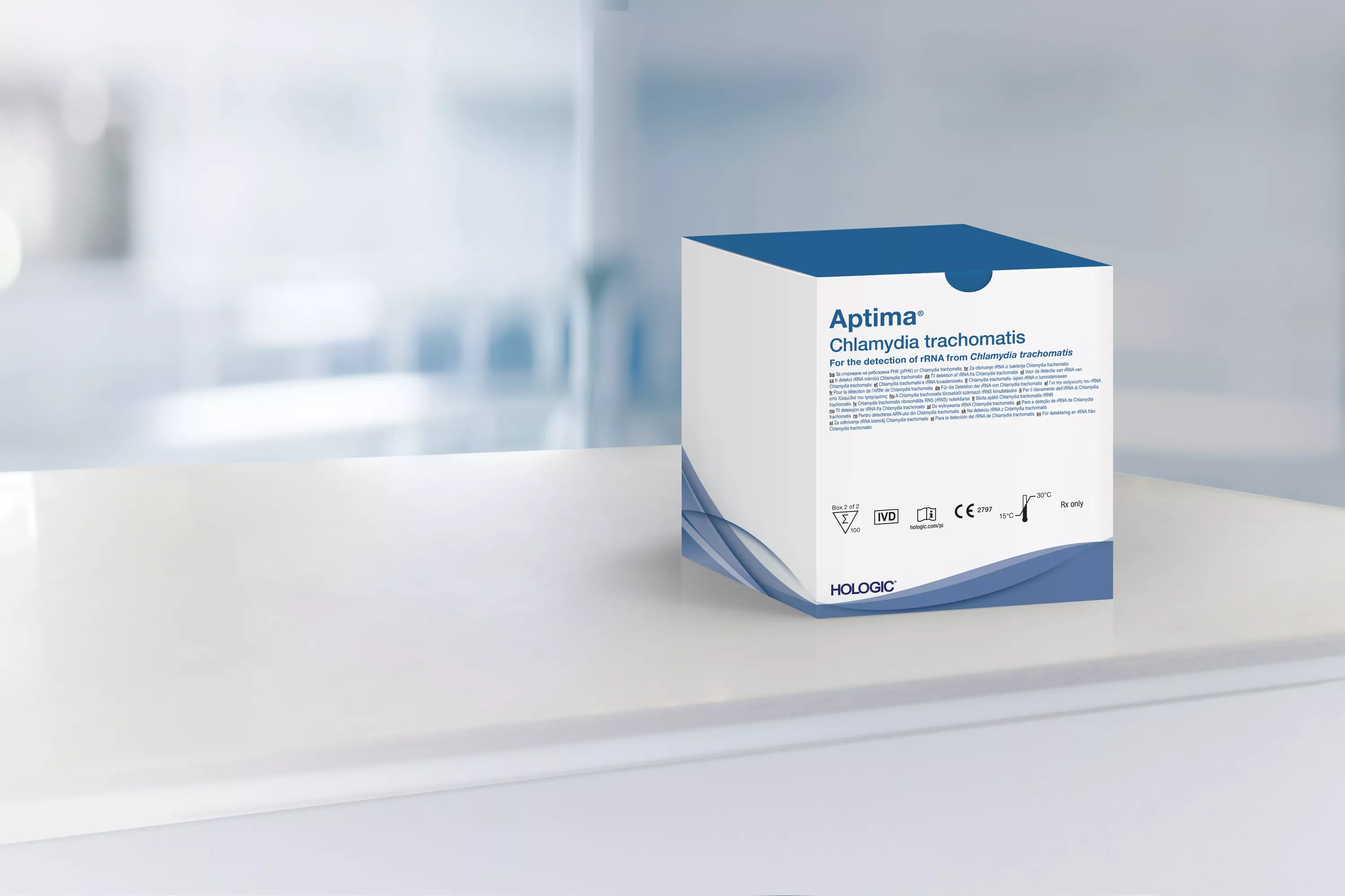 Scatola del test con laboratorio sullo sfondo