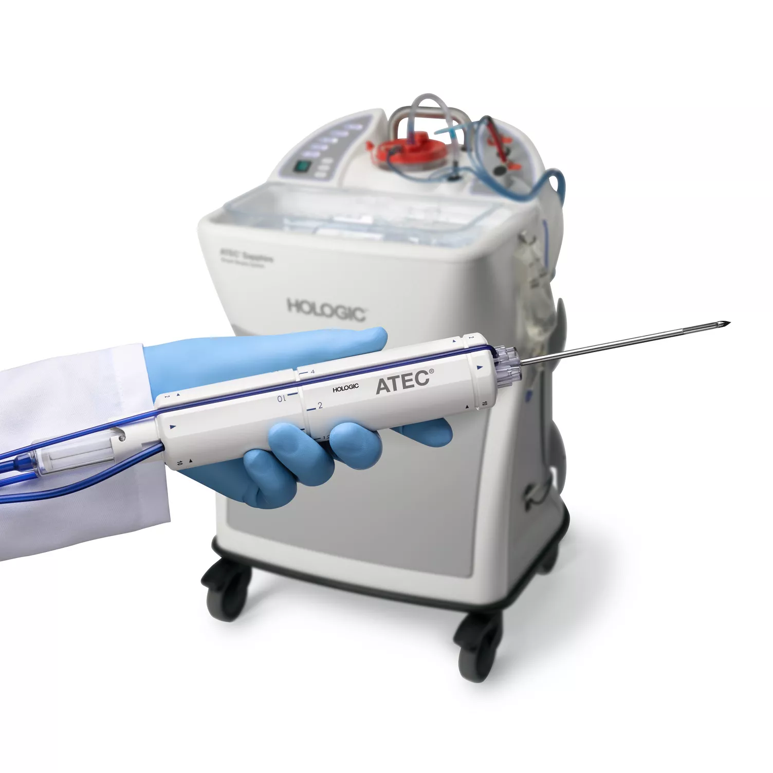 Sistema di biopsia mammaria e ago su sfondo bianco